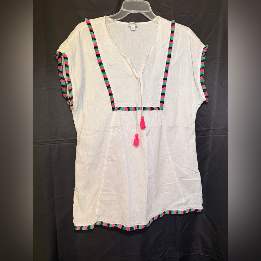 J. Crew MEDIUM Tunic Cover Up White Crepe Colorful Front V Neck Tassels Beach